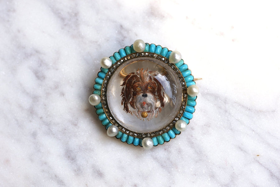 Victorian brooch in gold and fixed under glass dog, turquoise diamonds and pearls - Galerie Pénélope