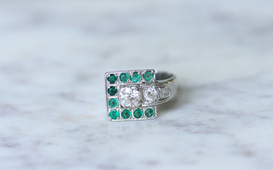 Art Deco emeralds and diamonds signet ring - Penelope Gallery