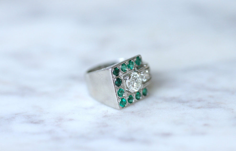 Art Deco emeralds and diamonds signet ring - Penelope Gallery