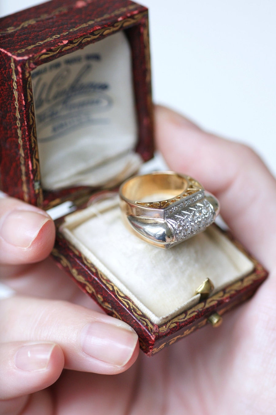 Pink gold and platinum diamond signet ring - Penelope Gallery