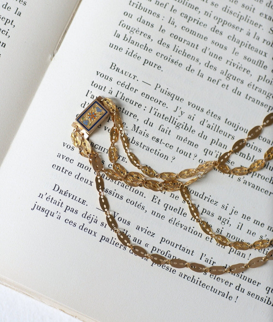 Double gold chain necklace with enamel clasp - Galerie Pénélope