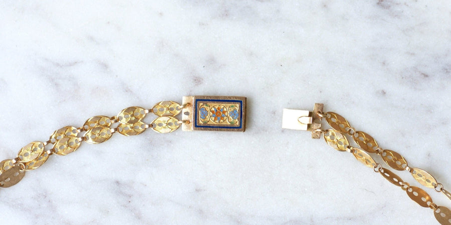 Double gold chain necklace with enamel clasp - Galerie Pénélope