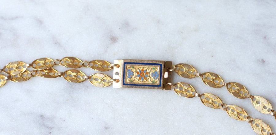 Double gold chain necklace with enamel clasp - Galerie Pénélope