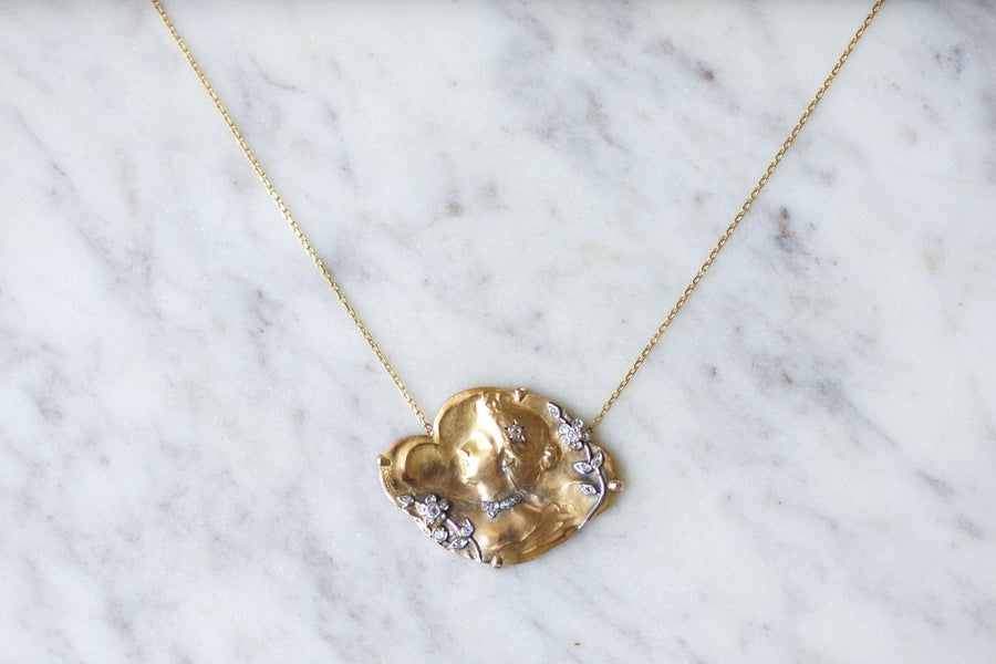 Antique Art Nouveau gold and diamond medal necklace - Penelope Gallery