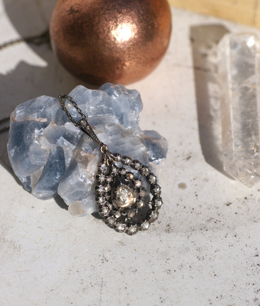 Antique silver drop pendant necklace, rose cut diamonds - Galerie Pénélope