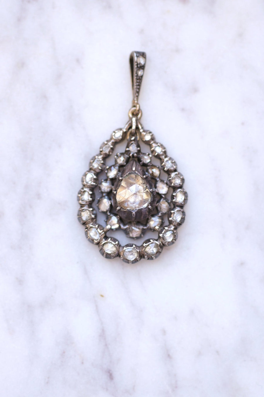 Antique silver drop pendant necklace, rose cut diamonds - Galerie Pénélope