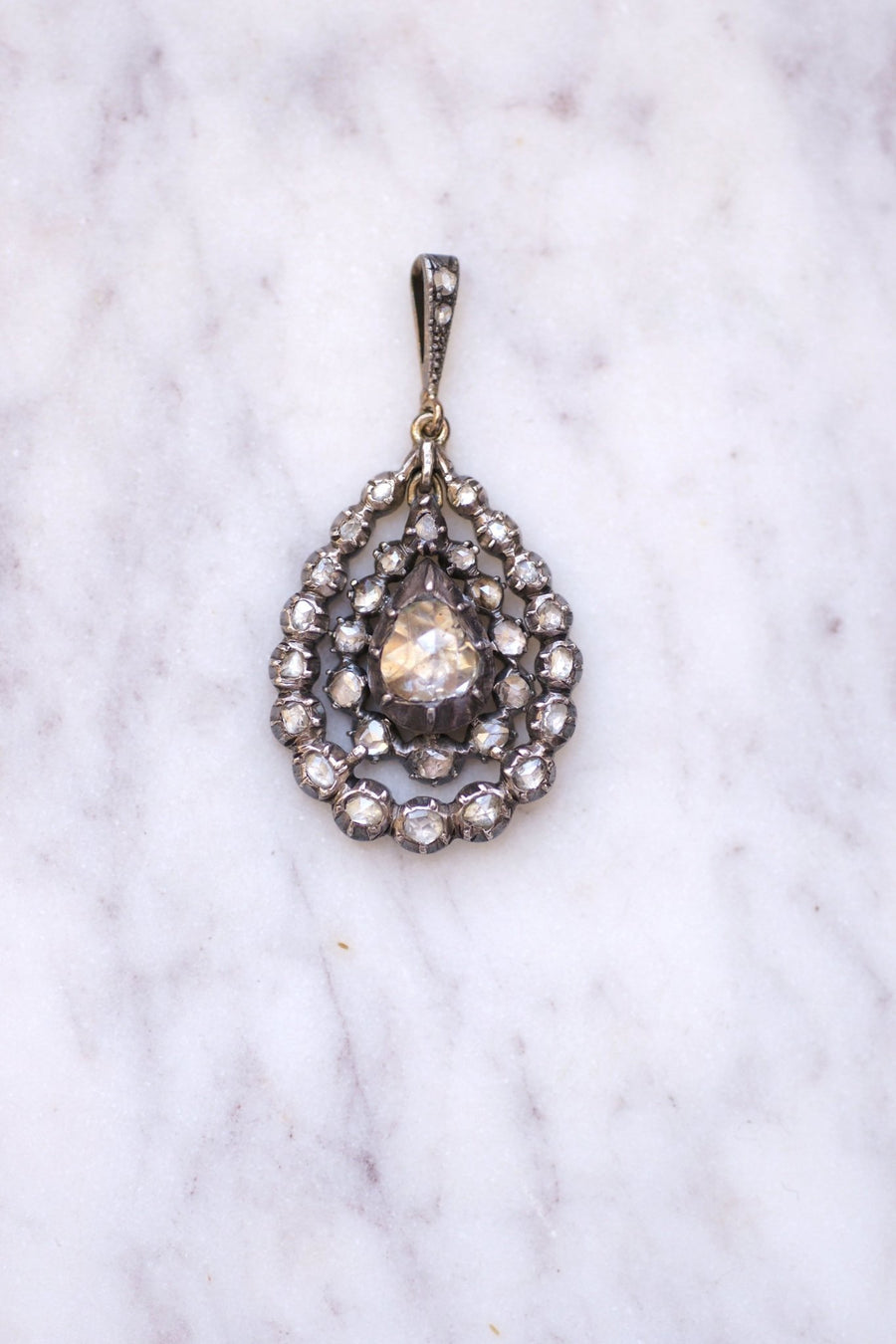 Antique silver drop pendant necklace, rose cut diamonds - Galerie Pénélope