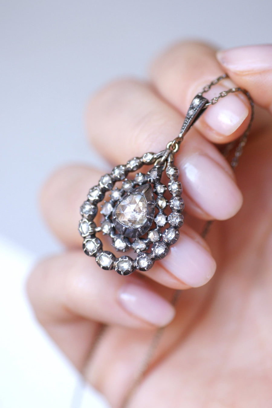 Antique silver drop pendant necklace, rose cut diamonds - Galerie Pénélope