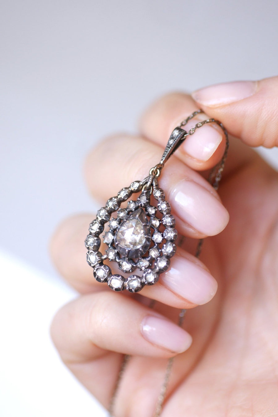 Antique silver drop pendant necklace, rose cut diamonds - Galerie Pénélope