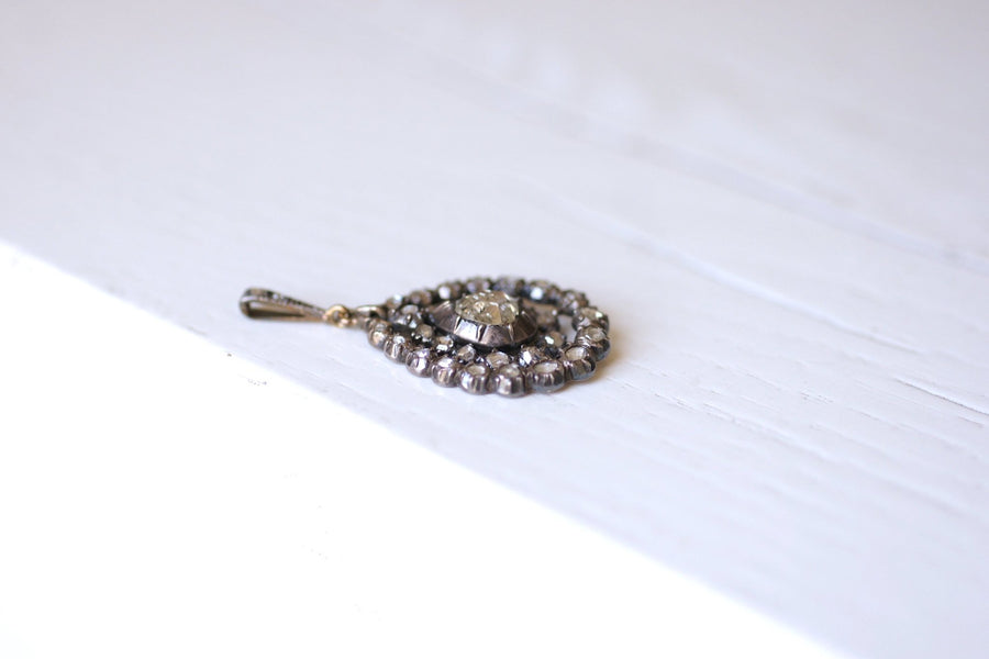 Antique silver drop pendant necklace, rose cut diamonds - Galerie Pénélope
