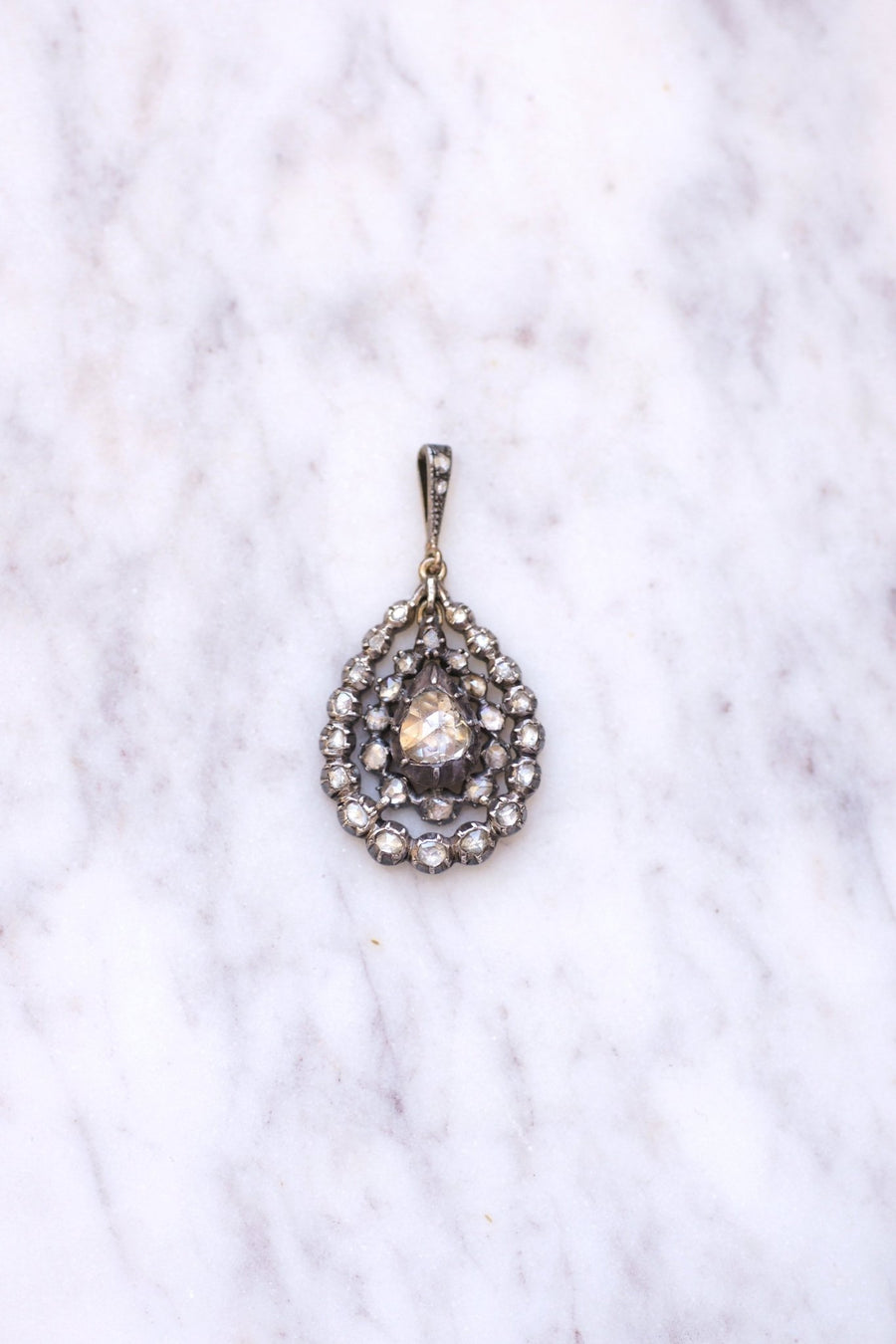 Antique silver drop pendant necklace, rose cut diamonds - Galerie Pénélope