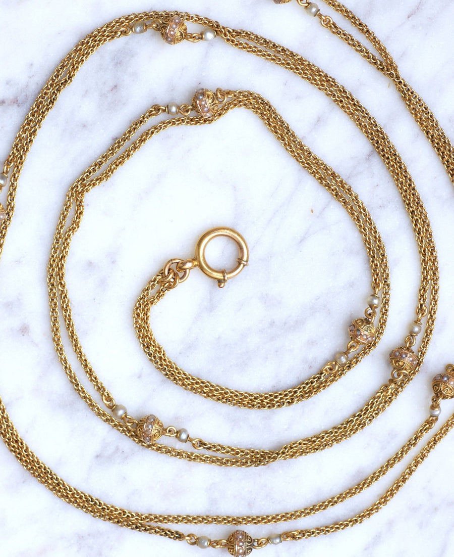 Necklace, necklace, antique chain, gold and fine pearl - Galerie Pénélope