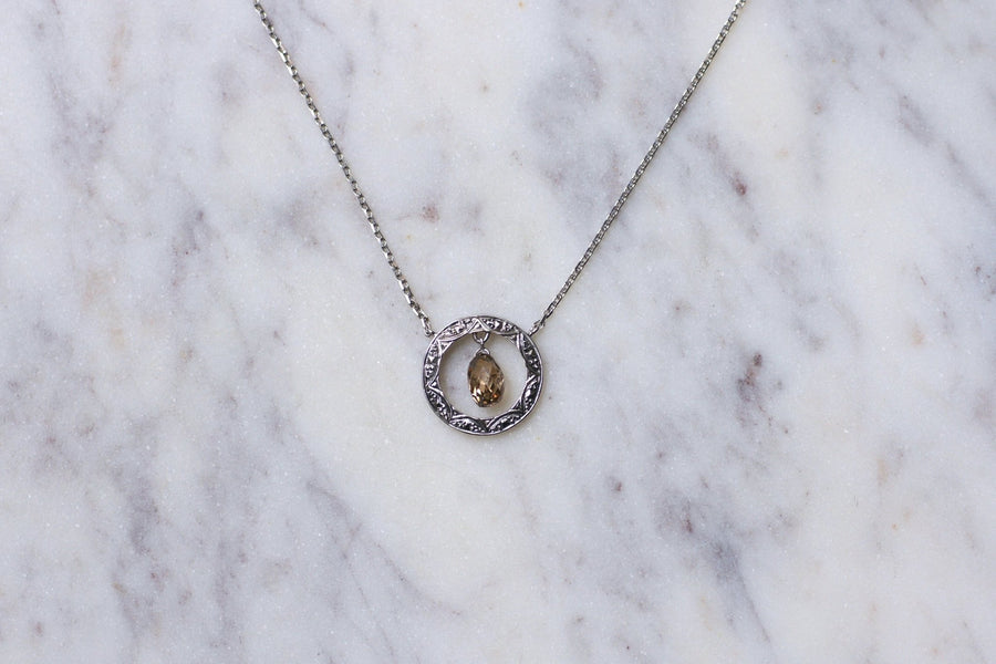 Solitaire Art Deco style necklace white gold and champagne brown diamond briolette 0,90Ct - Galerie Pénélope