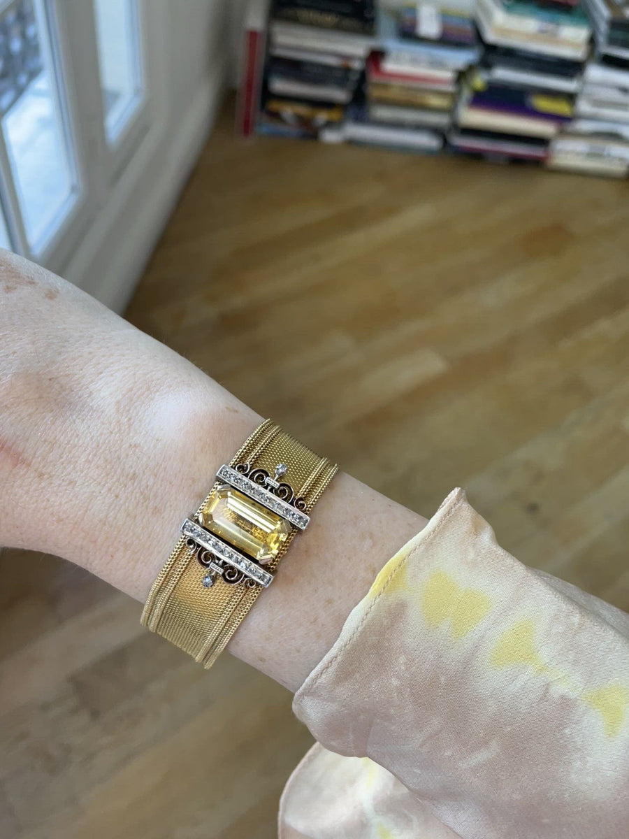 Milanese mesh cuff bracelet with diamonds and citrine
