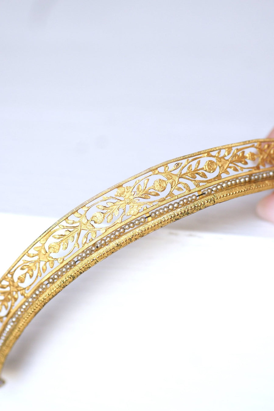 Antique wedding tiara, tiara, gilt metal and pearls tiara - Galerie Pénélope