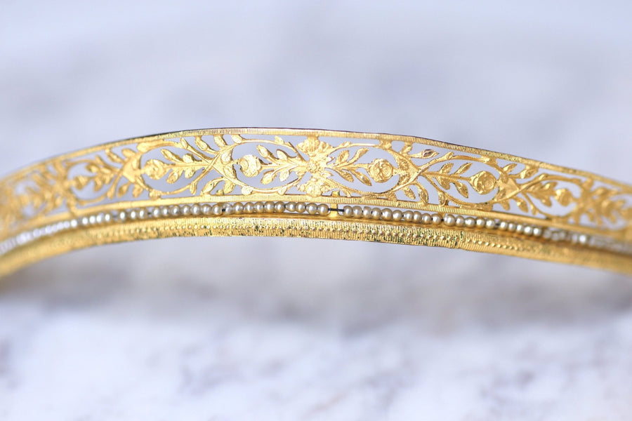 Antique wedding tiara, tiara, gilt metal and pearls tiara - Galerie Pénélope