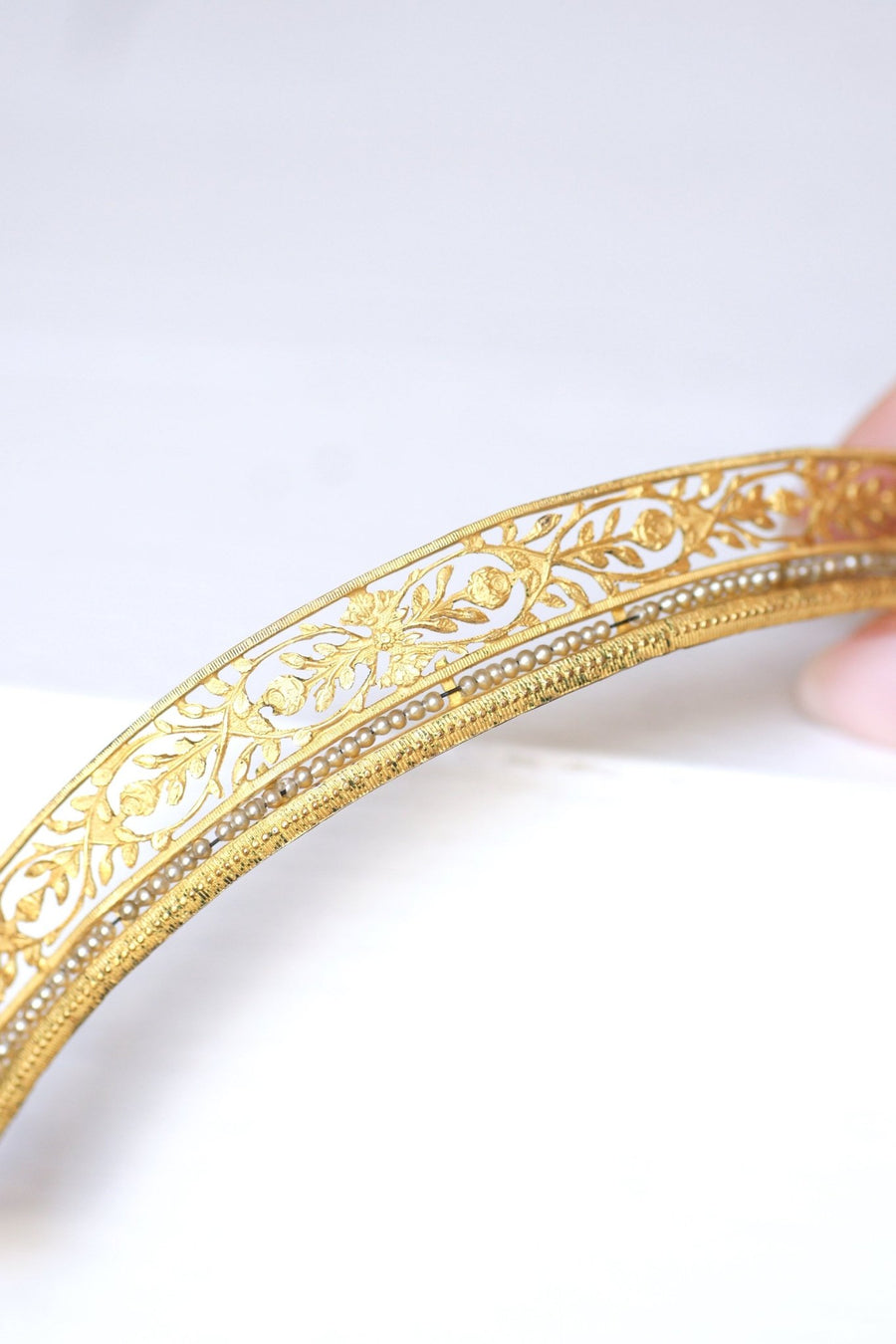 Antique wedding tiara, tiara, gilt metal and pearls tiara - Galerie Pénélope