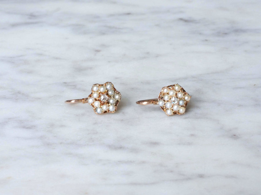 Pink gold diamond and pearl sleepers - Penelope Gallery