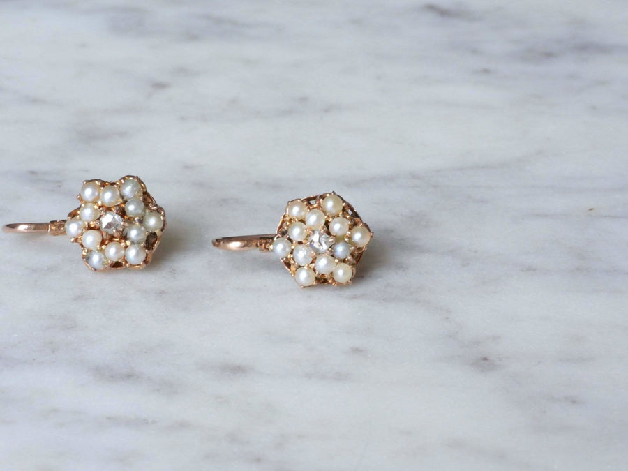 Pink gold diamond and pearl sleepers - Penelope Gallery