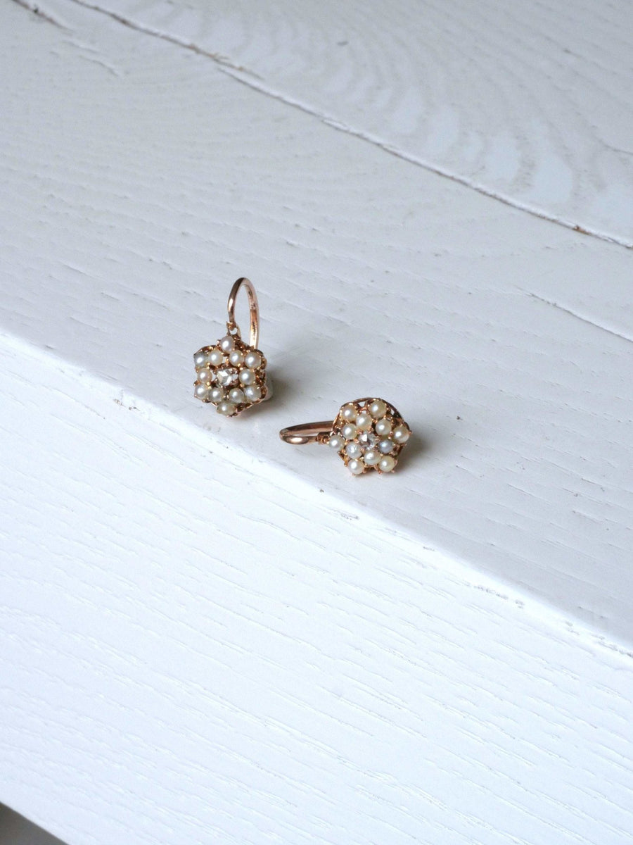 Pink gold diamond and pearl sleepers - Penelope Gallery