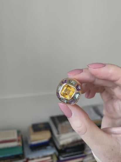 Ring vintage ball yellow gold citrine blue topaz amethyst