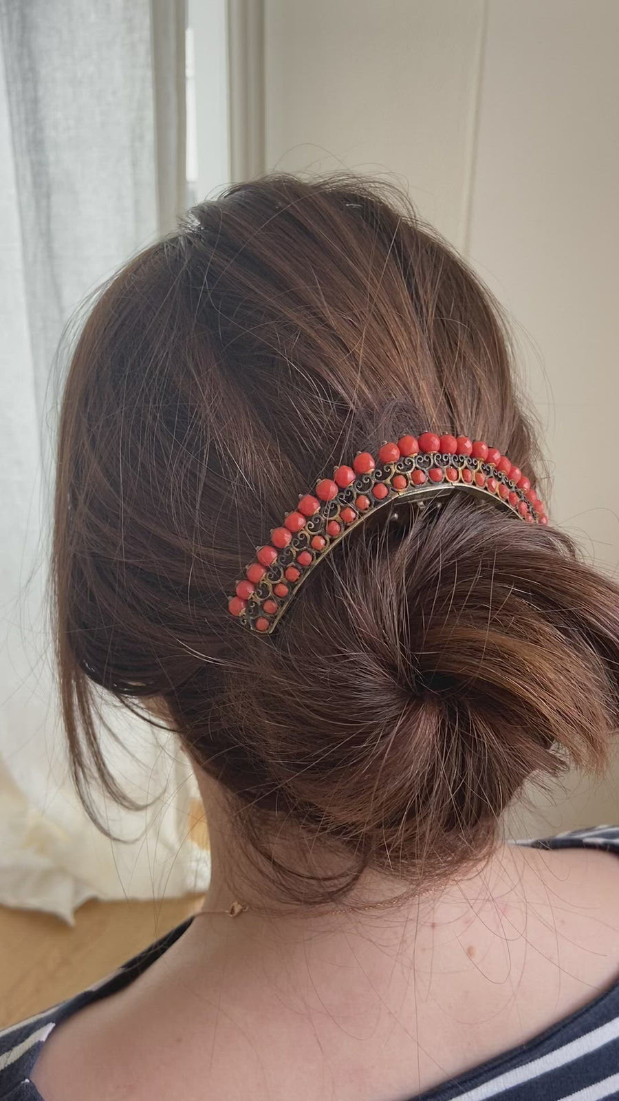 Hair comb, antique horn and coral tiara, on silver vermeil