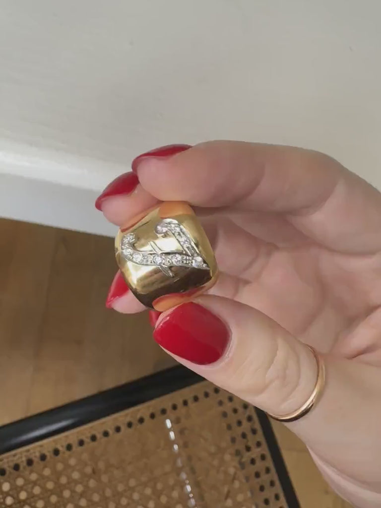 Vintage ring, large gold band, Letter F, initial