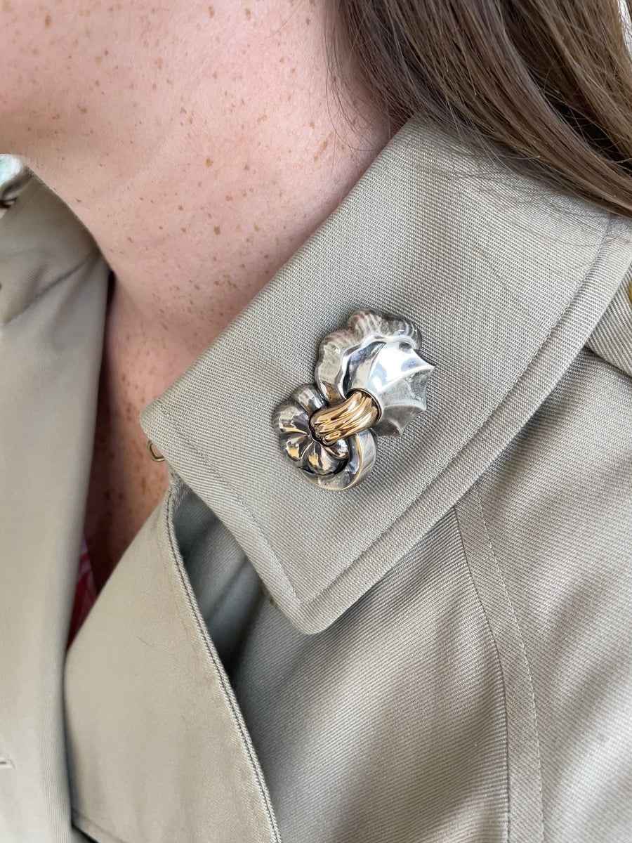 Vintage abstract brooch in rose gold and silver