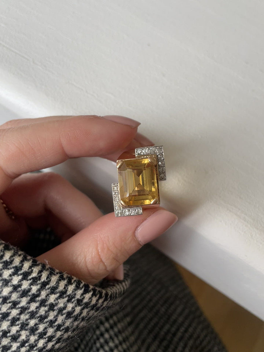 Tank citrine & diamonds on rose gold ring