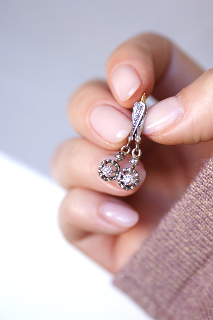 Antique gold, platinum, and diamond dangling sleeper earrings