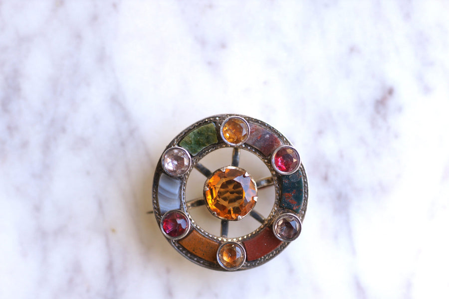 Antique Scottish thistle brooch in gold, amethyst, jasper and agate