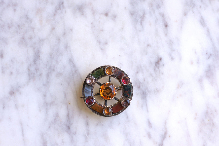 Antique Scottish thistle brooch in gold, amethyst, jasper and agate