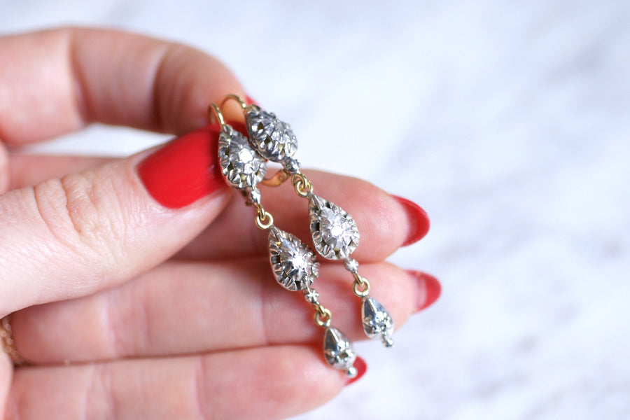 Long antique earrings, gold and diamonds, 19th Century - Galerie Pénélope