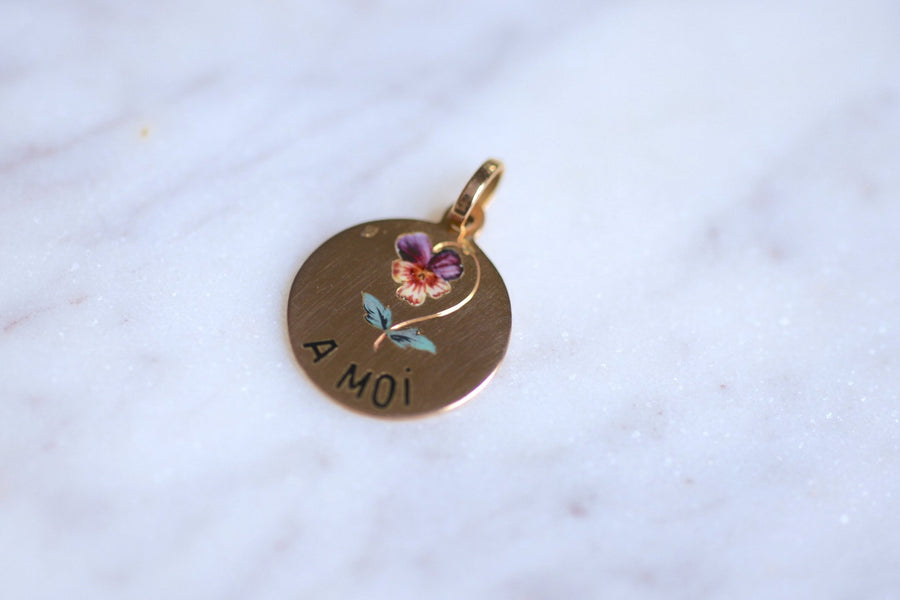 Sentimental medal "think of me" in pink gold and enamelled pansy, 19th Century - Galerie Pénélope