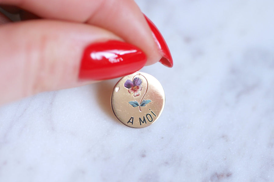 Sentimental medal "think of me" in pink gold and enamelled pansy, 19th Century - Galerie Pénélope
