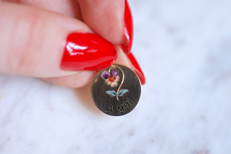 Sentimental medal "think of me" in pink gold and enamelled pansy, 19th Century - Galerie Pénélope