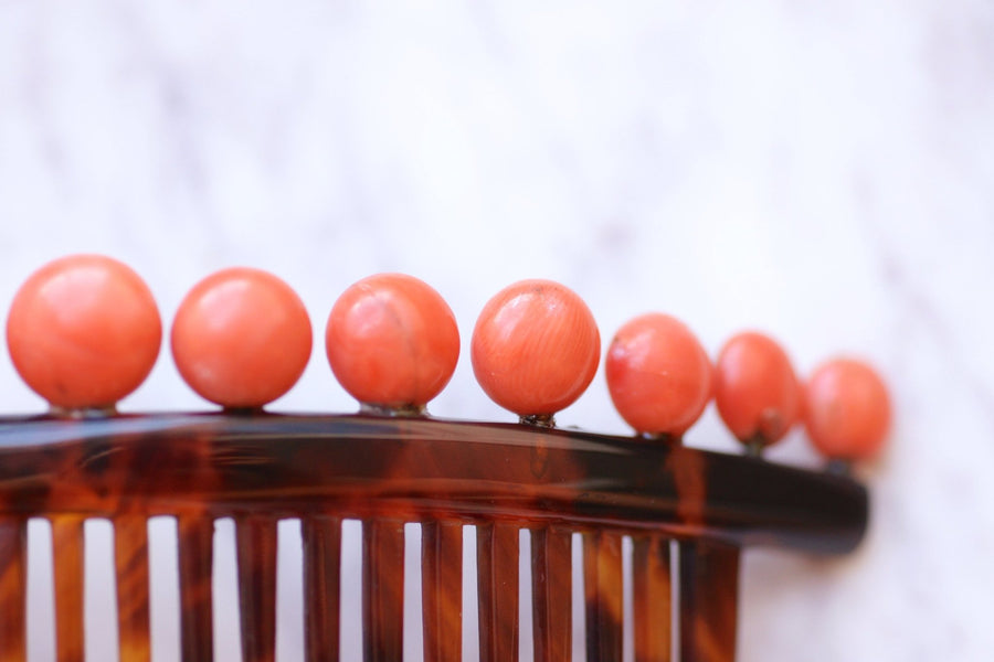 Antique hair comb, wedding tiara, in tortoise shell and coral - Galerie Pénélope