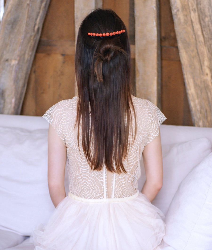 Antique hair comb, wedding tiara, in tortoise shell and coral - Galerie Pénélope