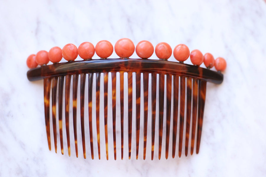 Antique hair comb, wedding tiara, in tortoise shell and coral - Galerie Pénélope