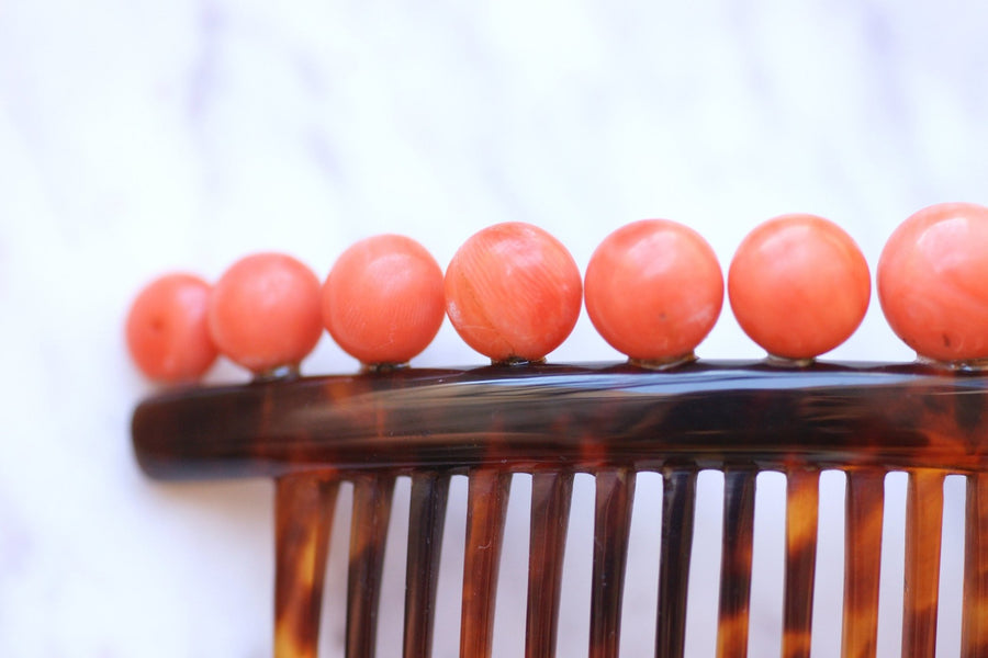 Antique hair comb, wedding tiara, in tortoise shell and coral - Galerie Pénélope