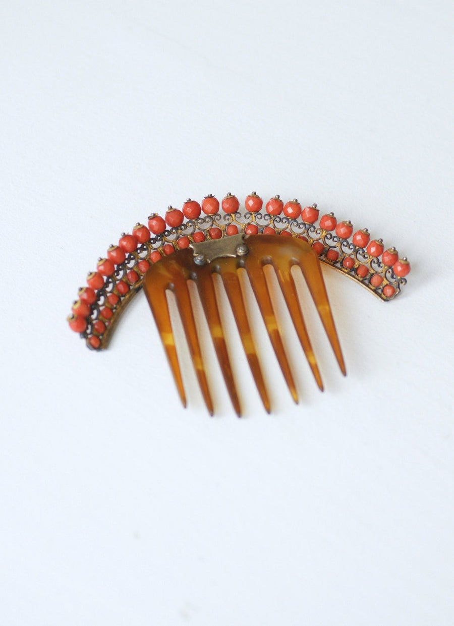 Hair comb, antique horn and coral tiara, on silver vermeil - Penelope Gallery