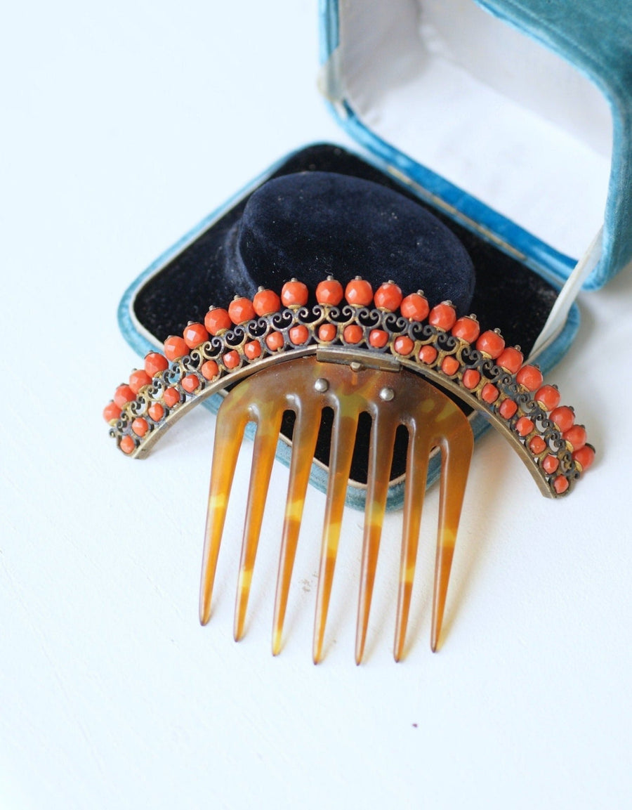 Hair comb, antique horn and coral tiara, on silver vermeil - Penelope Gallery