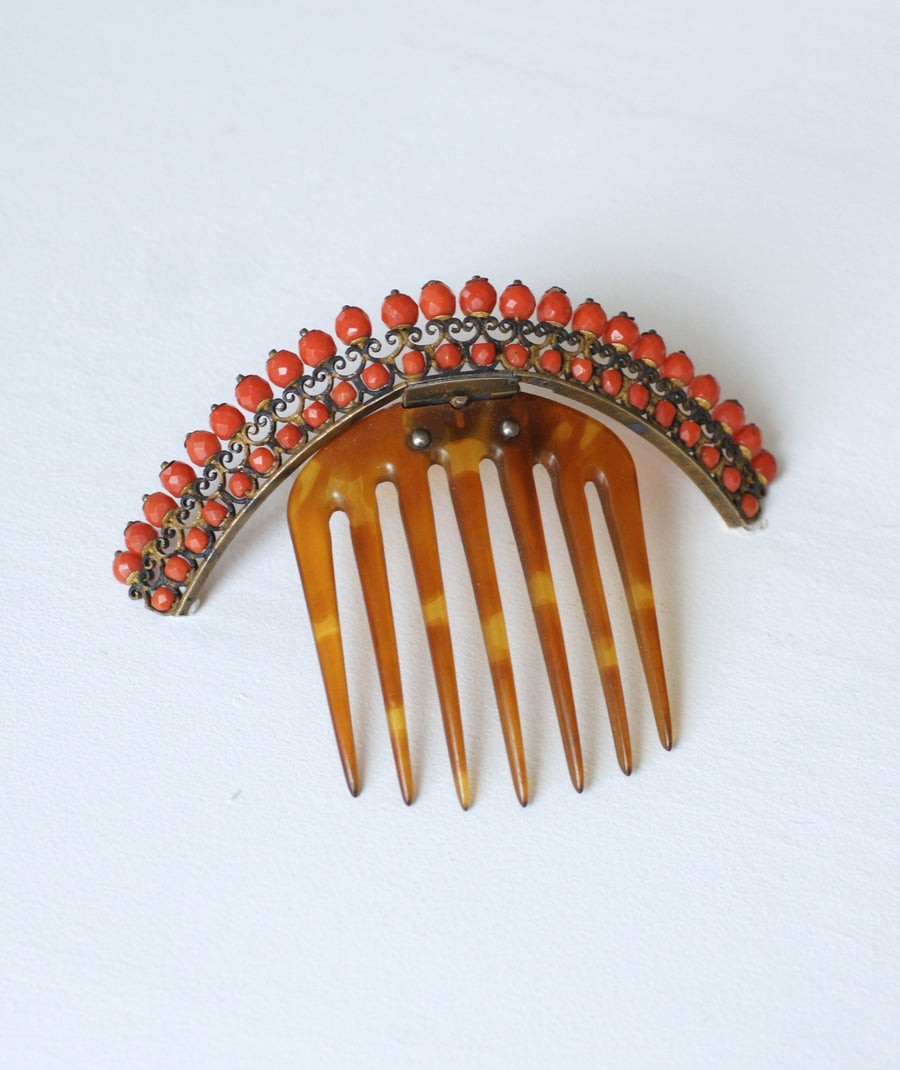 Hair comb, antique horn and coral tiara, on silver vermeil - Penelope Gallery