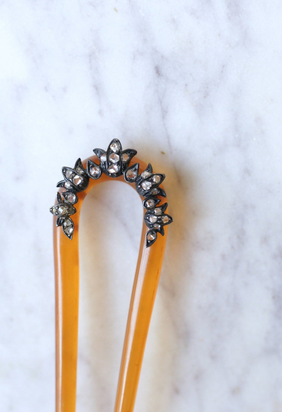 Antique comb, wedding hairpin, Diamonds and silver on horn - Penelope Gallery