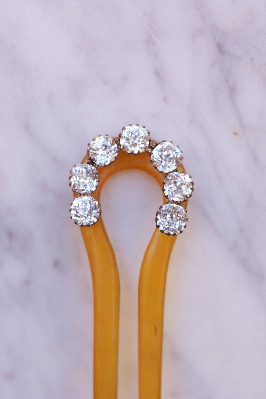 Victorian comb, hairpin, Rhine stones on horn - Galerie Pénélope