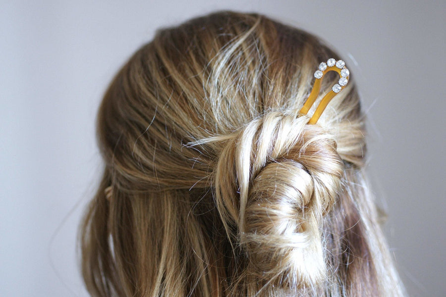 Victorian comb, hairpin, Rhine stones on horn - Galerie Pénélope