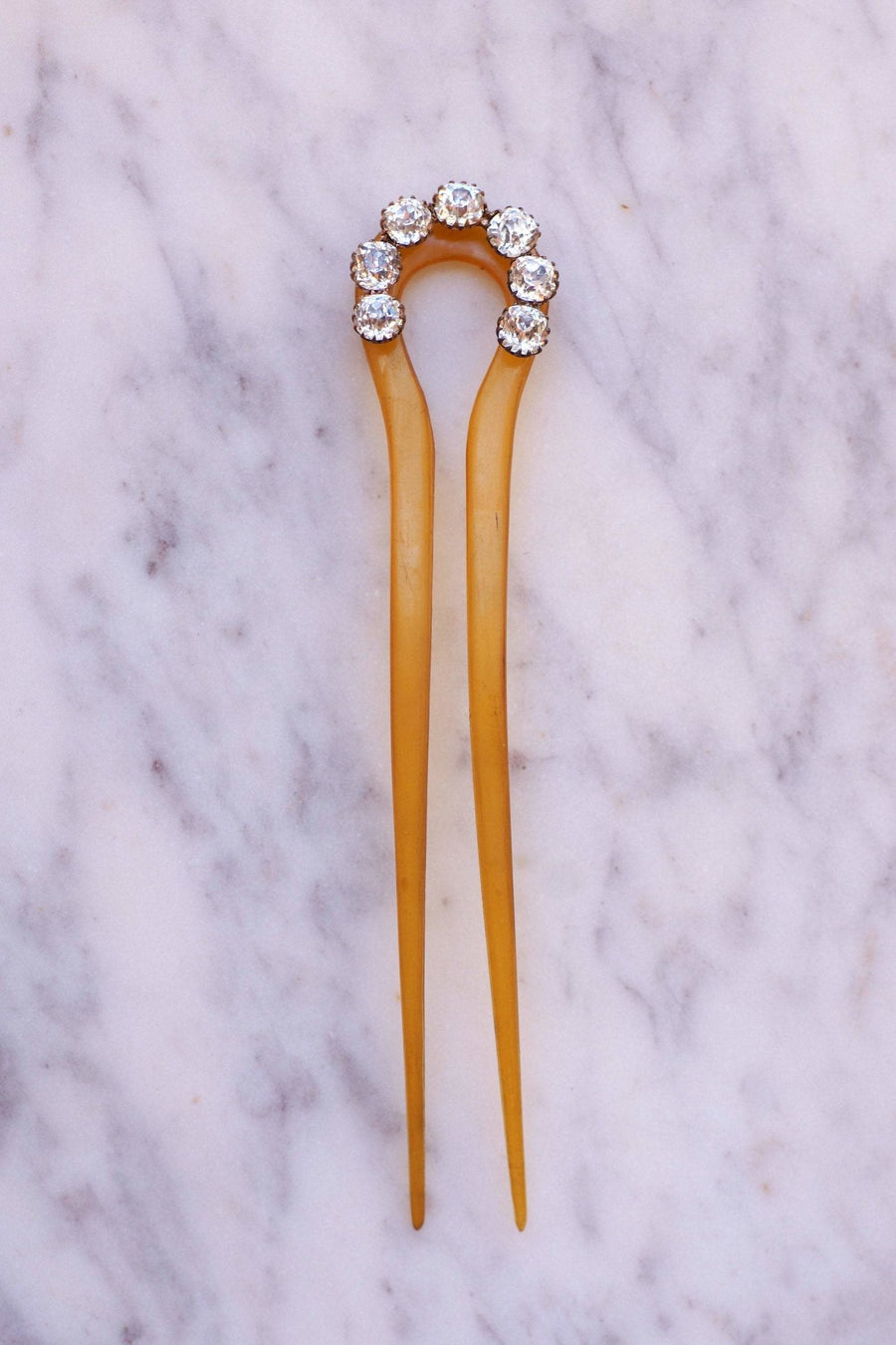 Victorian comb, hairpin, Rhine stones on horn - Galerie Pénélope