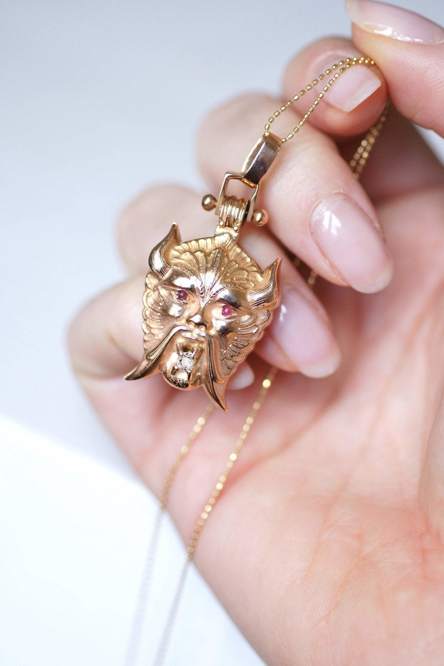 Antique Faun, Pan, Devil, Pink Gold and Diamond Pendant - Galerie Pénélope