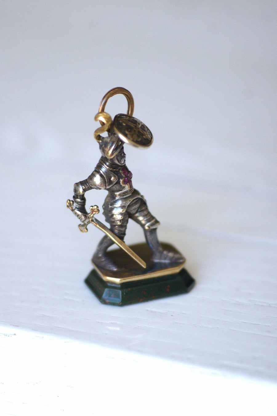 Antique Victorian neo-Gothic knight seal pendant in gold, silver and bloodstone intaglio - Penelope Gallery