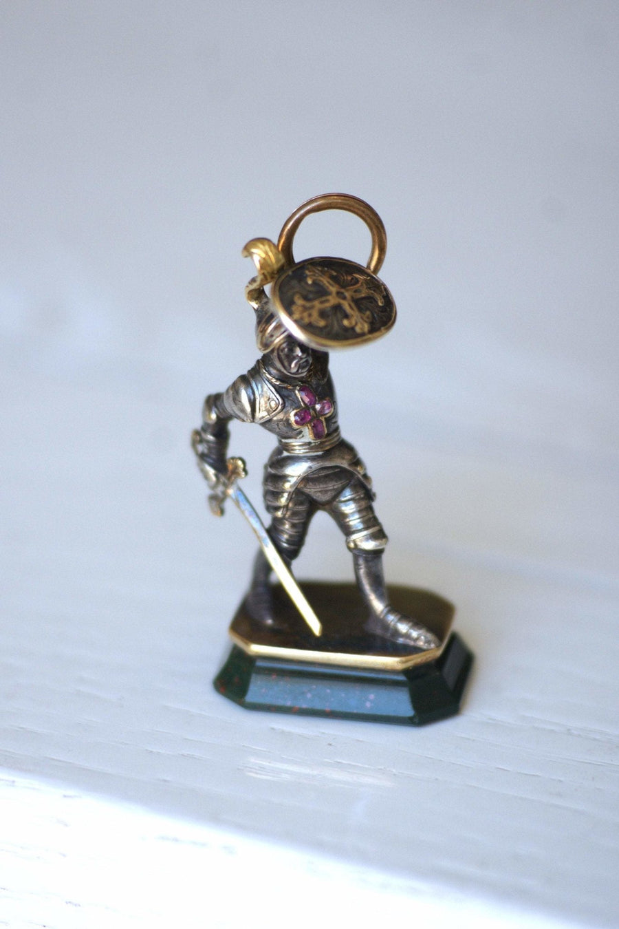 Antique Victorian neo-Gothic knight seal pendant in gold, silver and bloodstone intaglio - Penelope Gallery